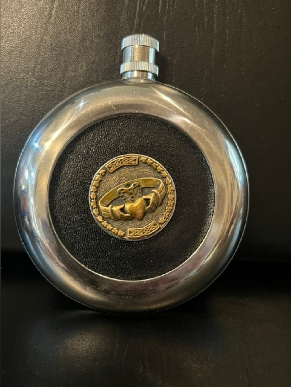 Stainless Steel Black & Gold Pocket Flask with Celtic Claddagh Emblem